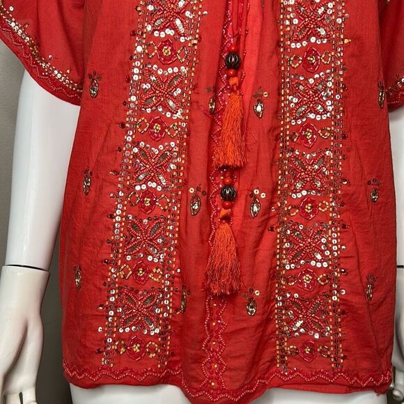 Calypso St. Barth Red Embellished Scoop Neck Blouse Large Gold Sequins - Picture 3 of 8